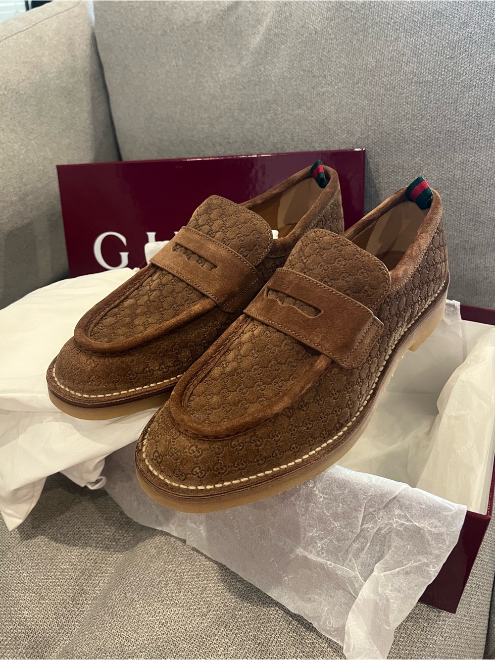 New GUCCI Men's Brown Suede GG Monogram Web Penny Loafers - UK Size 9 (US 10)
